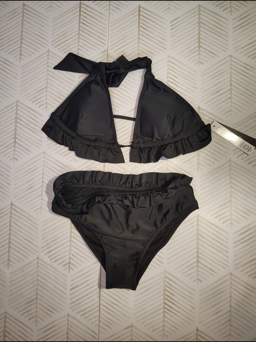 Tahari Nwt‎ Medium Black Ruffle Bikini Top & Bottom Set - Youth Swimwear